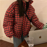 Vevesc Winter Short Plaid Parkas Women Vintage Oversized Down Coats Streetwear Cropped Puffer Jacket Korean Cotton Padded Outwear