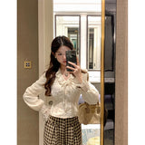 Vevesc Vintage Lace Shirts Women Sweet Bow Bandage Puff Long Sleeve Crop Tops Korean Elegant Ruffles V Neck Tunic Chic Blouses