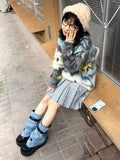 Vevesc Harajuku Lazy Graffiti O-neck Blue Tops Women Summer New Knitted Pullover Y2k E-Girl Long Sleeve Loose Sweaters Mujer