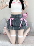 Vevesc American Gyaru Denim Skirts Bandage Ruffles Patchwork High Waist Summer Skirt Female Slim Y2k Harajuku Vintage Women's Clothing