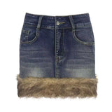 Vevesc Euramerican Vintage All Match Popular Spliced Faux Fur Skirt Y2k Aesthetic Denim Streetwear Short Drsee Harajuku Punk Girl Skirt