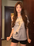 Vevesc  American Fashion Sexy Off The Shoulder Harajuku T Shirts Loose Office Lady Punk Streetwears Y2k Aesthetic Letter Print Tops