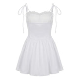 Vevesc  Elegant Lace Trim Strappy Dress with Breast Pads Aesthetic Chic White A-line Princess Dress Summer Vacation Style