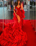 Vevesc Amazing Red Split Asymmetrical Velvet Long Evening Dresses With Big Volume Tulle Jacekt 2 Pieces Formal Party Dress Maxi Gowns