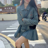 Vevesc Korean Retro Lace-up Pleated Casual Long-sleeved Dress Women 2024 Spring New Polo Collar Loose Distressed Denim Dress with Belt