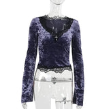 Vevesc Vintage Palace Style Velvet Dress Women Aesthetic Fairycore Grunge Mall Gothic Lace Patchwork Long Sleeve Crop Tee Tops