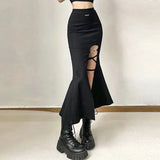 Vevesc Gothic Black Sexy Split Midi Skirts Y2K Summer Korean Slim Bandage A Line Skirts Female High Waist Streetwear All Match Skirts