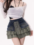 Vevesc Y2k Vintage Denim Skirt Women High Waist A-line Patchwork Korean Fashion Bandage Ruffles Jeans Mini Skirt Summer Grunge