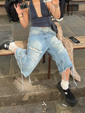 Vevesc Harajuku Vintage High Waist Black Retro Washed Denim Shorts Women's Fashion Casual Loose Fit Y2K Streetwear Mid Long Short