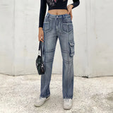 Vevesc Low Waist Sexy Baggy Jeans Blue Cargo Pants Women Korean Fashion Vintage 90s Y2k Streetwear Punk Commute Straight Denim Trousers