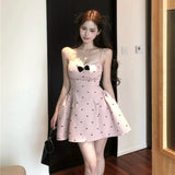 Vevesc  Sweet Bow Print Short Mini Dress Women Summer New Sweet Fluffy Party Dress Birthday Backless A-line Sleeveless Camisole Dress