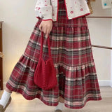 Vevesc Kawaii Vintage Plaid Long Skirt Women Japanese Style Autumn Winter Midi Skirts Red Ruffle Fashion Casual A-line Skirts