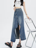 Vevesc Women Blue Gothic A-line Long Denim Skirt Vintage Y2k Skirt Harajuku Korean Fashion A-line Jean Skirts Emo 2000s Trashy Clothes