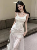 Vevesc  Sexy 3D Flowers Suspender Party Dress Women Sleeveless High Waist Slim Folds Mesh Mid Length Evening Dresses Elegant