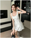 Vevesc  White Patchwork Ruffled Chic Mini Dress Women Elegant Casual Sling Dress Summer Korean Fashion Bodycon Festival Party Dress