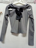Vevesc Long Sleeve Gray Hollow Out Y2K Tshirt Sailor Collar Women Slim Waist Black Bow Sexy Camisetas Chic Preppy Style Vintage Tees