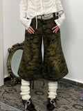 Vevesc American Oversize Washed Camouflage Shorts Y2k E-Girl High Waist Wide Leg Jeans 2024 New Straight Loose Calf- Length Pants