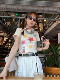 Vevesc Fashion Sweet Constrast Color Star Print Design T Shirt Summer All Match High Street Gothic Girl Crop Top Y2k Aesthetic Clothing