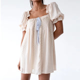 Vevesc Y2K Cottage Kawaii Puff Sleeve Mini Dress Lace Trim Square Collar Backless A-line Dress Aesthetic Fairycore Vintage Short Dress
