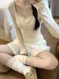 Vevesc Y2k Beige Floral T-shirts Women Fairycore Cute Long Sleeve Tees Korean Sweet Streetwear