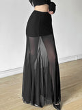 Vevesc Black Mesh Long Skirts Women Transparent Patchwork High Waisted Hip Wrap Skirts Coquette Party Slim Fit Sexy Club Skirt