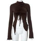 Vevesc Euramerican O Neck Long Sleeve Shirts Moda Fashion Plested Drawstring Side Split Design Tops Y2k Aesthetic Punk Vintage Clothes