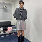 Vevesc  Bows Y2k Fake 2 Pieces Hoodies Women Tops Spring Autumn Vintage Zipper Sweatshirts Korean Fashion Ropa De Mujer