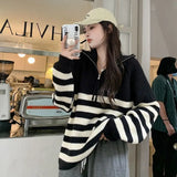 Vevesc Korean Black Contrast Color Striped Pullovers Sueters Mujer Knitted Half High Collar Zipper Y2k Sweaters Women Lazy Casual Tops