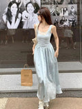 Vevesc  New Women Blue Patchwork Sleeveless High Waist Pleated Vest Dress Summer Fashion Sexy Backless Elegant Holiday Long Dress Casual