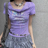 Vevesc  Y2k Clothes Purple Short Tees Slash Neck Spring Summer Vintage Sexy T Shirt for Women Grunge Harajuku Ropa De Mujer