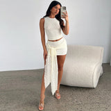 Vevesc Sexy Women 2 Pieces Set Tie Up Skirt And Crop Top Summer Outfits For Women 2024 Sleeveless Mini Dresses Suits