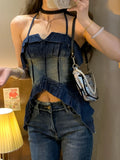 Vevesc  Sexy Gyaru Denim Tanks Halter Ruffles Patchwork Solid Color Pleated Irregular Sleeveless Tops Female Slim Summer Women Clothing