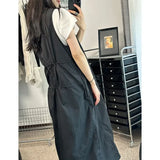 Vevesc New Mid-length Loose Dresses Y2k O-neck Sleeveless Vest For Women Fashion All-match Straight Black Vestidos Mujer