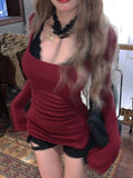 Vevesc Fashion Vintage Halter Sexy Lace Black Vest+ Y2k Slim Fit Long Sleeve Red Tops Women 2024 Early Autum New Two Piece Sets