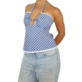 Vevesc  Plaid Print Sleeveless Corset Halter Top with Cutout Detail and Backless Design Perfect for Streetwear and Grunge Fashionistas