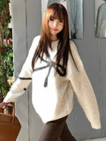 Vevesc Korean Elegant Bow Jacquard Sweaters Women Y2k Aesthetic Vintage Thin Knitted Pullovers Streetwear Casual All Match Jumpers Tops