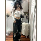 Vevesc Sweet Fairy Letter Print Crop Top Fashion O Neck Patchwork Lace Desoign Long Sleeve T Shirts Summer Y2k Aesthetic Streetwear Top
