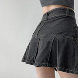 Vevesc  Denim Pleated Mini Skirt Vintage Sexy High Waist A-line Belt Women Embroidery Jean Short Skirt Summer Japanese Y2k