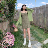 Vevesc High Waist Avocado Green Vintage Plaid Dress Women Summer Korean A Line Design Sundress Elegant Sexy Slim Mini Dress