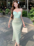 Vevesc  New Green Mesh Patchwork Diamonds Sling Long Dress Summer Elegant Casual Home Dress Women Korean Fashion Bodycon Prom Dress