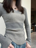 Vevesc Vintage Elegant Striped V Neck Sweaters Fashion Slim Women Knitted Y2k Aesthetic Pullovers Korean All Match Grunge Sueter Mujer
