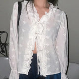 Vevesc  Women Shirts&blouses Ruffles Puff Sleeve Y2k Spring Summer Blusas Mujer Korean Fashion Lace Up Vintage Camisas
