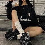 Vevesc American Streetwear Sexy Off The Shoulder Shirts Punk Harajuku Japan Y2k Aesthetic Loose Letter Striped Print Tops Girl Clothes