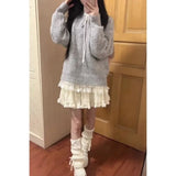 Vevesc Korean Sweet V-neck Lazy Knitted Pullover Autumn New Gray Tops Women Y2k Grunge Long Sleeve Loose Sweaters Mujer