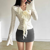 Vevesc New Autumn Ruffle Vintage Harajuku Hole Shirts Y2k Aesthetic Solid Streetwear Long Flare Sleeve Blouse Punk Korean Clothes