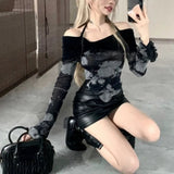 Vevesc Korean Sexy Halter Off Shoulder T-shirts Spring Autumn New Slim Fit Print Black Tee Shirt Y2k Grunge Long Sleeve Tops Women