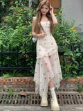 Vevesc  Fashion Sweet Dress for Women Floral Ruffles Lace Patchwork Irregular Sleeveless Design Dresses Summer Female Slim Clothing