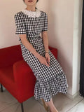Vevesc  Korean Chic Dress O Neck Puff Sleeve Plaid Lace Hook Flower Ruffles Patchwork Long Dresses Summer Female Slim Women's Clothing