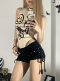 Vevesc American Retro Skinny Black Denim Shorts Y2k E-Girl High Waist Bodycon Jeans for Women Summer New Beading Lace Up Ropa Mujer