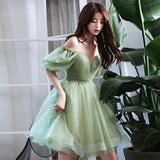 Vevesc Green Sweat Puff Sleeve Lady Girl Women Princess Bridesmaid Banquet Party Ball Prom Short Dress Gown Sexy Bandeau Backless Club